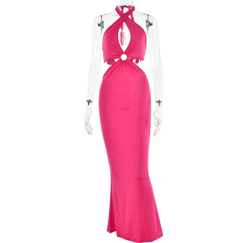 Sleeveless Bandage Sheath Dress – Halter Neck, Ankle-Length