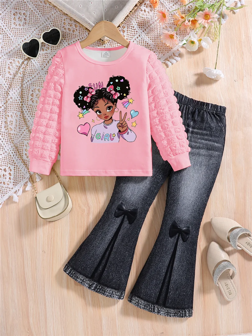 Spring and Autumn Girls' Cartoon Printed Long Sleeve Set