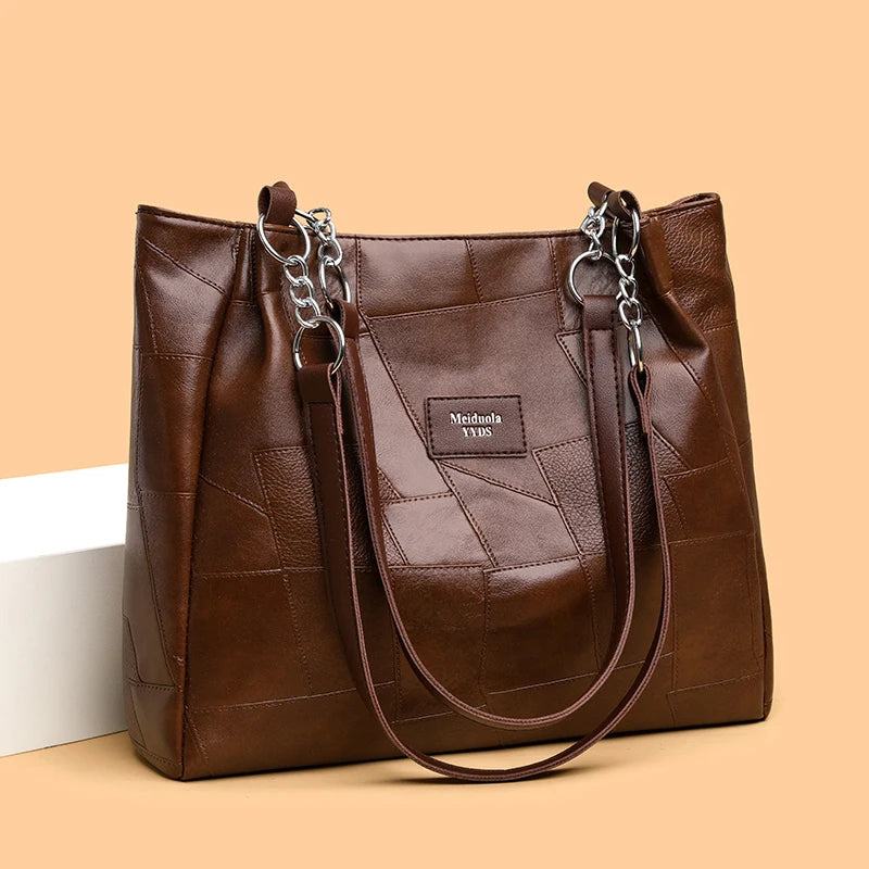 Classic Patchwork PU Leather Tote with Chain Detail – Business Handbag