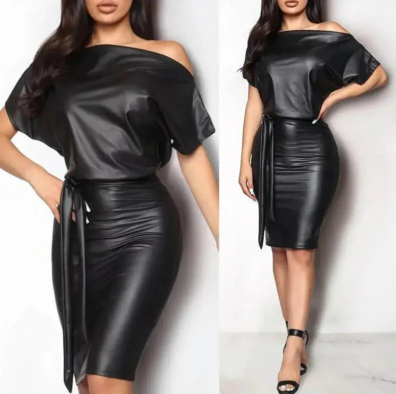 Summer Statement Dress – Faux Leather Geometric Bodycon with Asymmetrical Neck