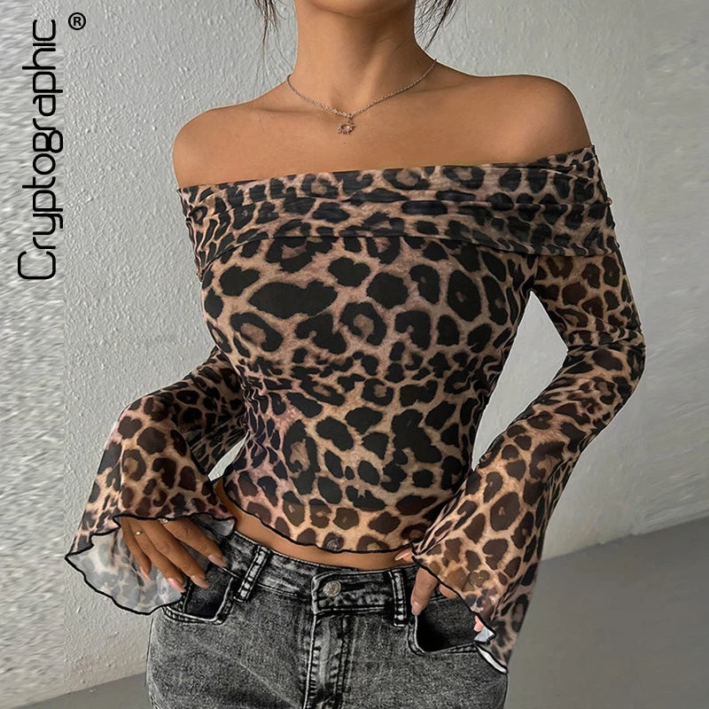 Leopard Mesh Flare Sleeve Top