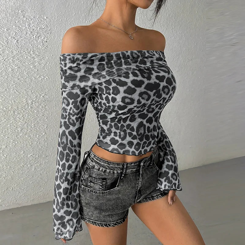 Leopard Mesh Flare Sleeve Top