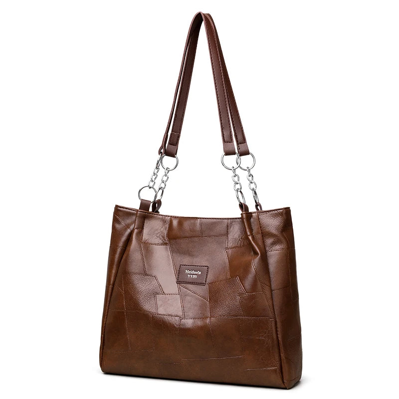 Classic Patchwork PU Leather Tote with Chain Detail – Business Handbag