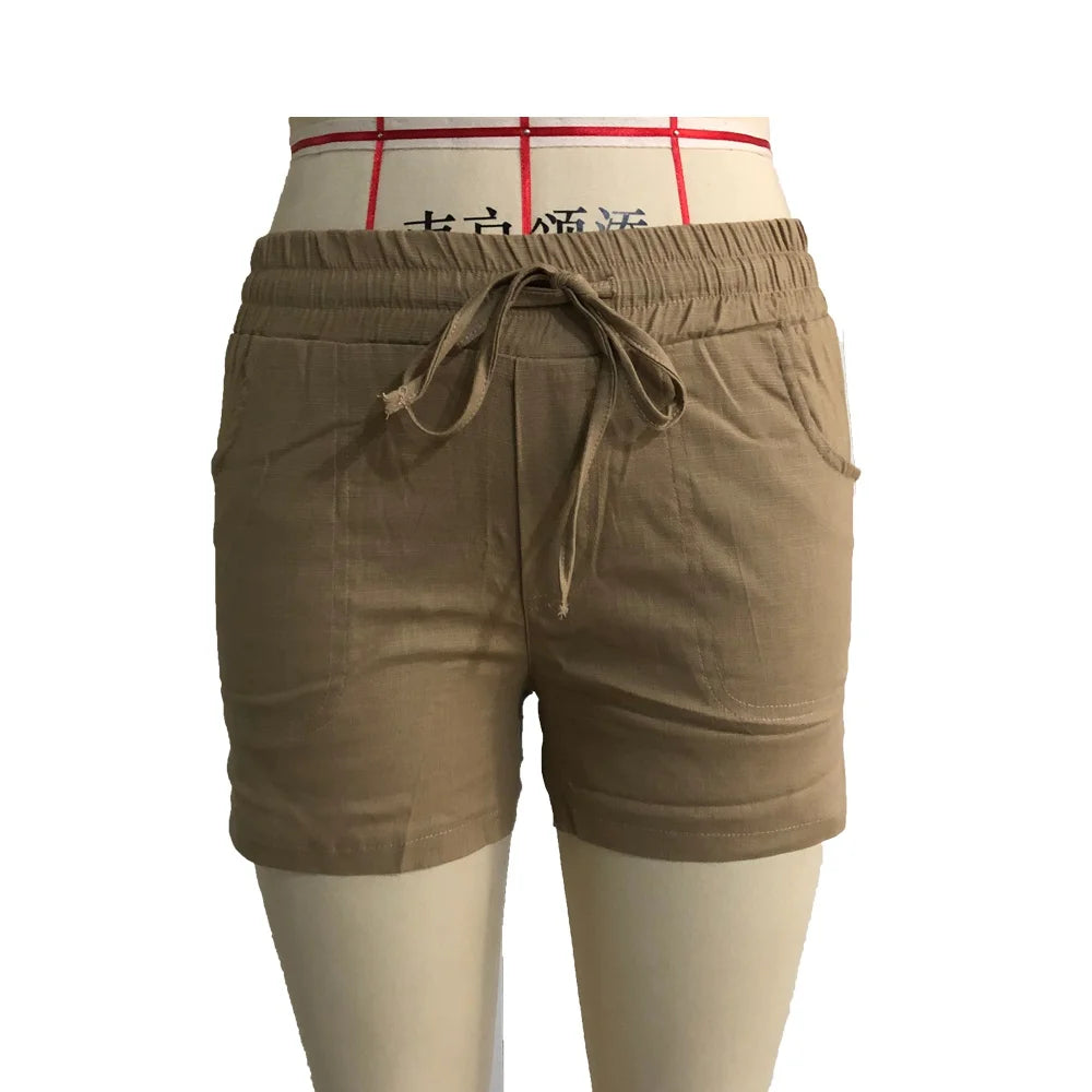 Women Summer Casual Solid Color Elastic Waist Lace Up Shorts