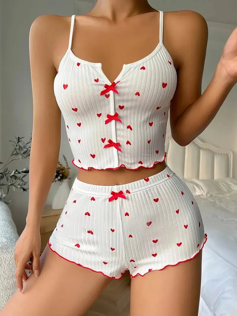 Women’s Heart-Print Ribbed Pajama Set — Cami & Shorts
