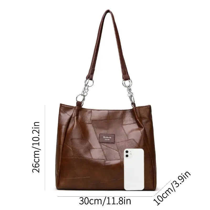 Classic Patchwork PU Leather Tote with Chain Detail – Business Handbag
