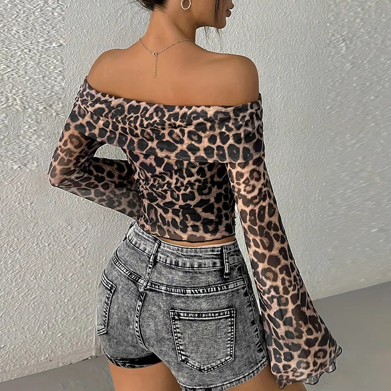 Leopard Mesh Flare Sleeve Top