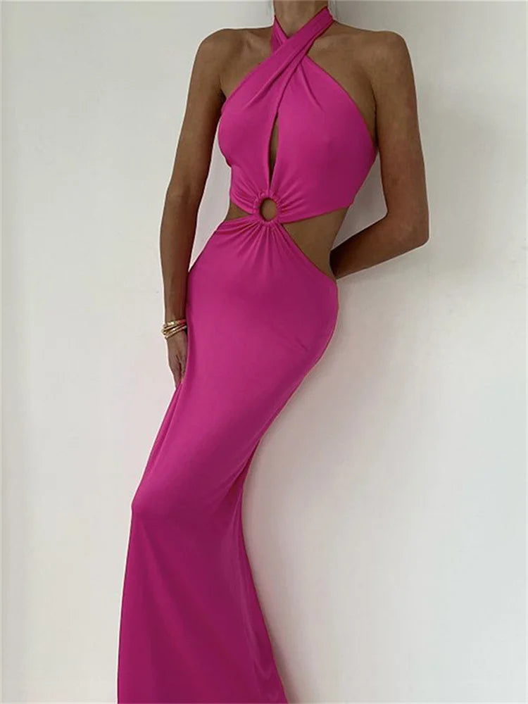 Sleeveless Bandage Sheath Dress – Halter Neck, Ankle-Length