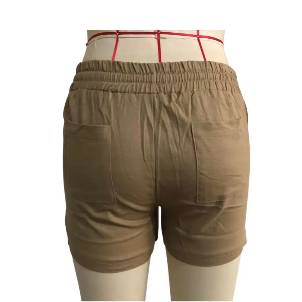 Women Summer Casual Solid Color Elastic Waist Lace Up Shorts