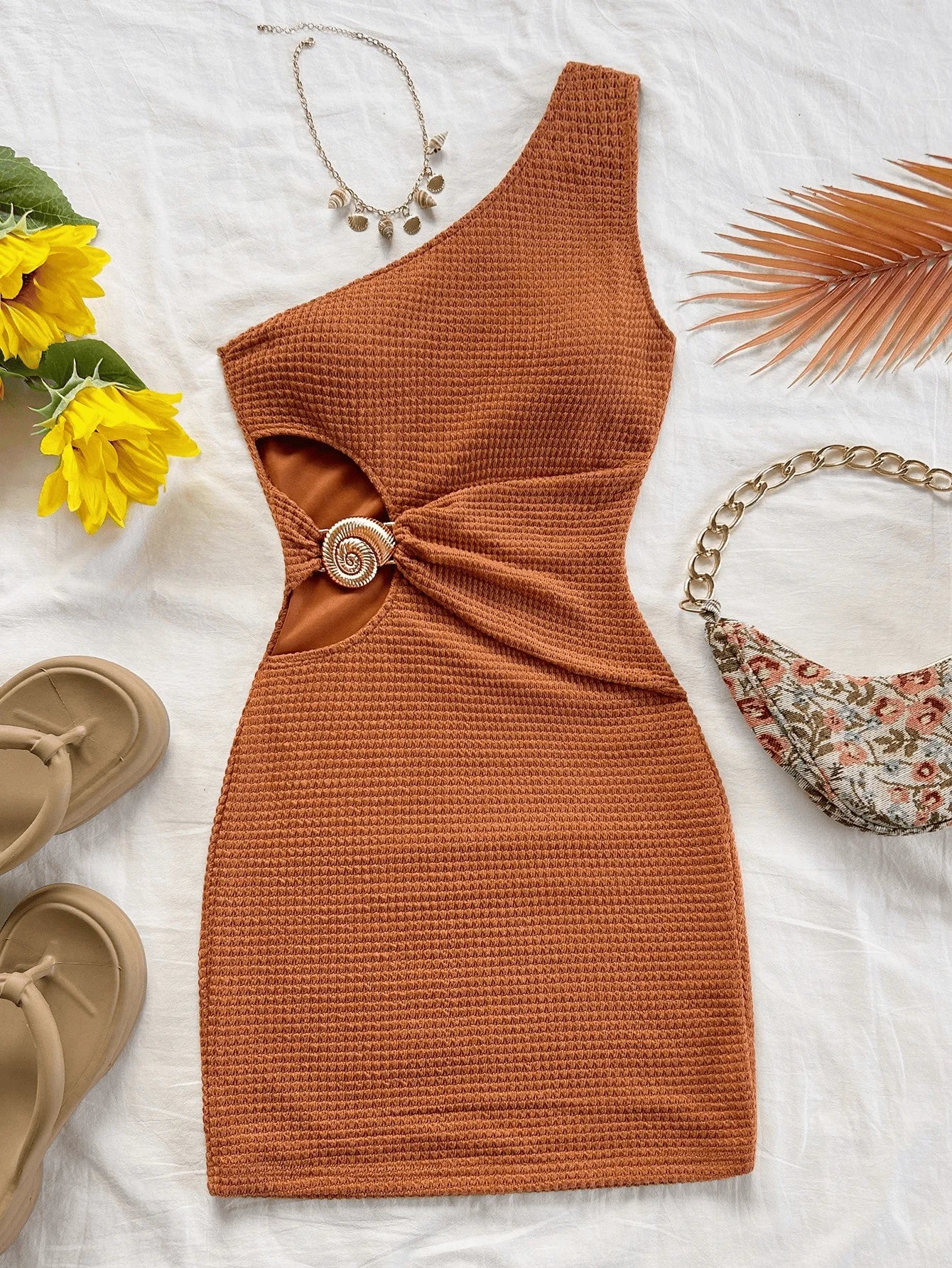 Elegant Off-the-Shoulder Hollowed-Out Metal Buckle Dress