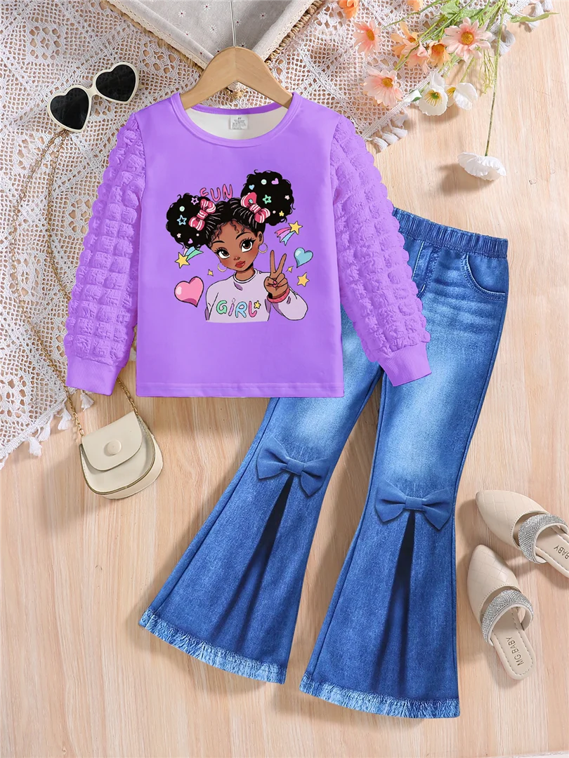 Spring and Autumn Girls' Cartoon Printed Long Sleeve Set