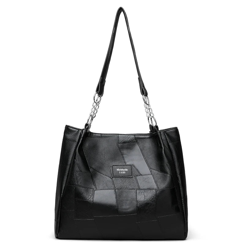 Classic Patchwork PU Leather Tote with Chain Detail – Business Handbag
