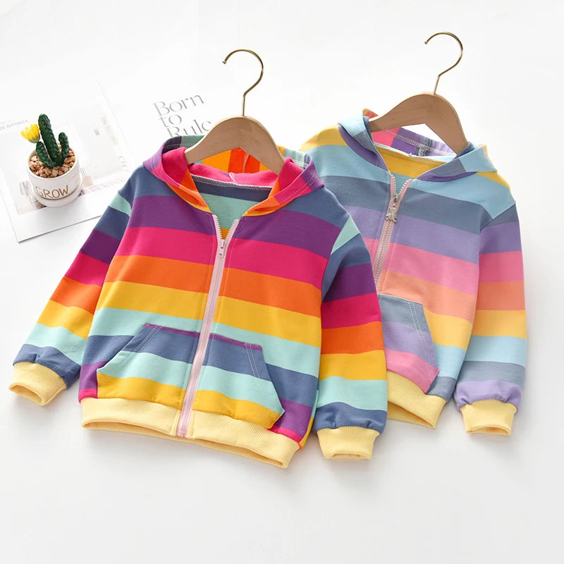 Spring and Autumn Girls' Rainbow Hooded Jacket