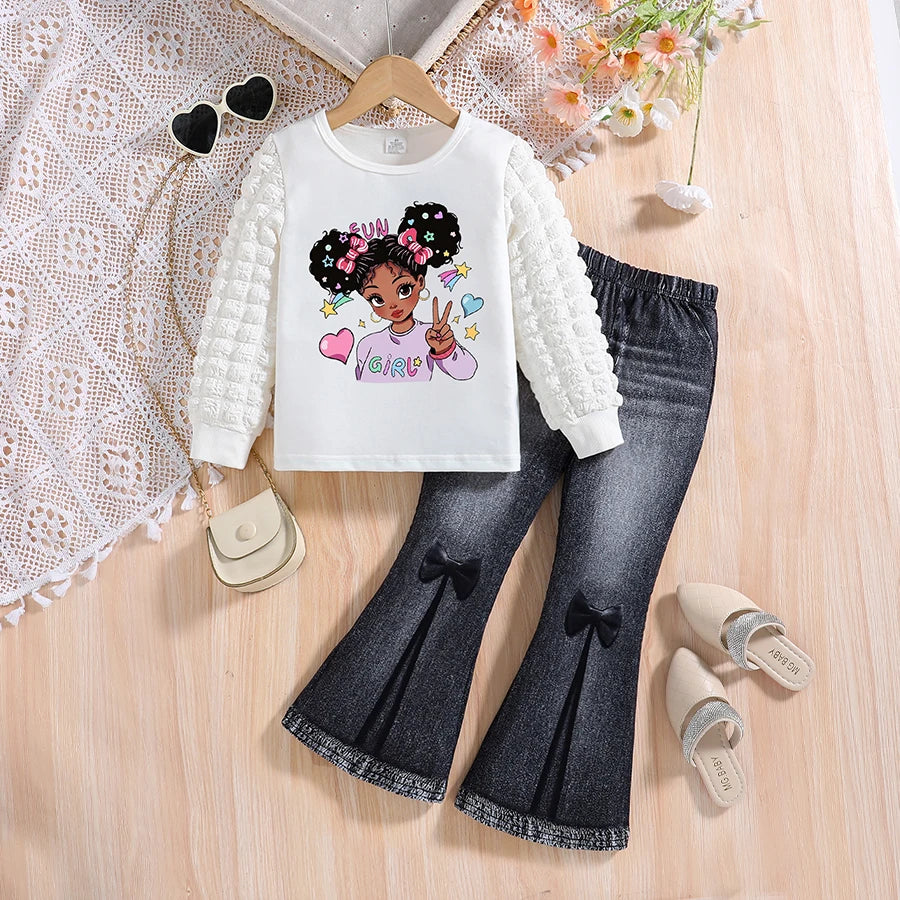 Spring and Autumn Girls' Cartoon Printed Long Sleeve Set