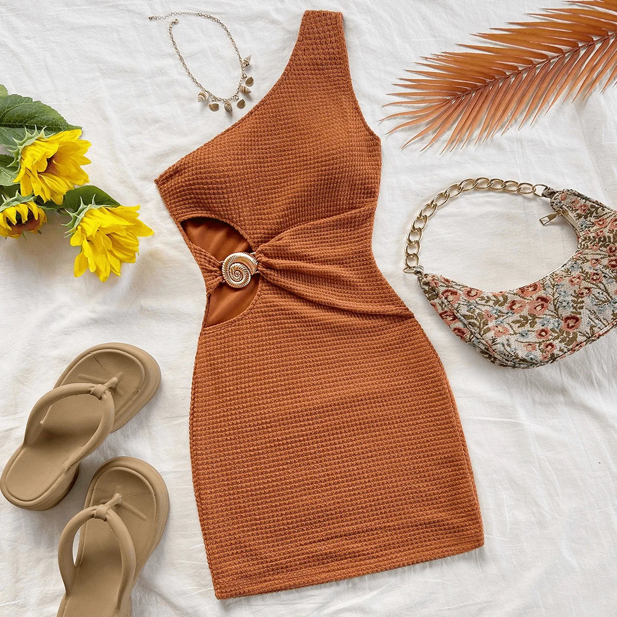 Elegant Off-the-Shoulder Hollowed-Out Metal Buckle Dress