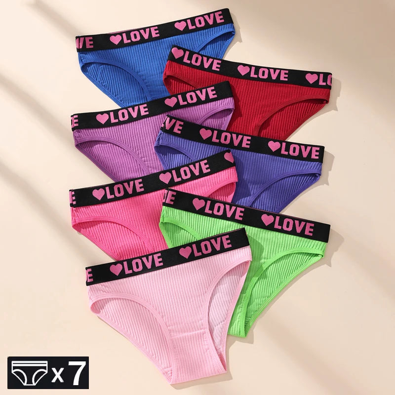 7PCS Women's Cotton Low-Rise Briefs – Soft Stretch, ribbed, Love Print Panties