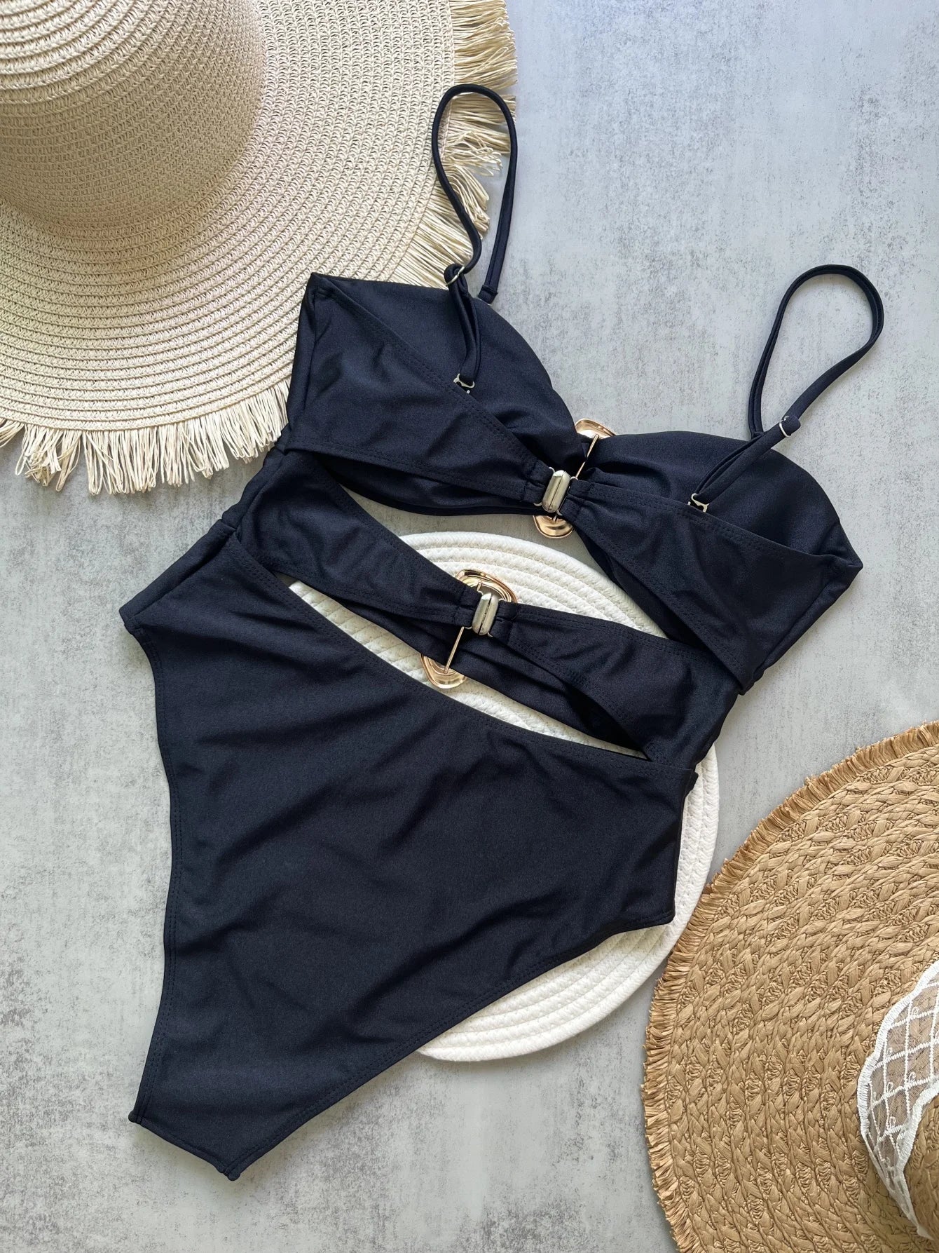 Bandeau One-Piece Swimsuit – Adjustable Strap, Solid Monochrome