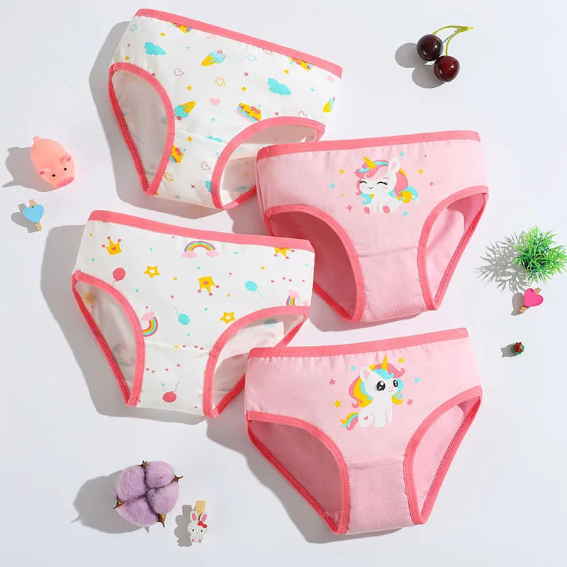 4 Pcs Girls’ Cotton Cartoon Panties (S–L, 2–9Y)
