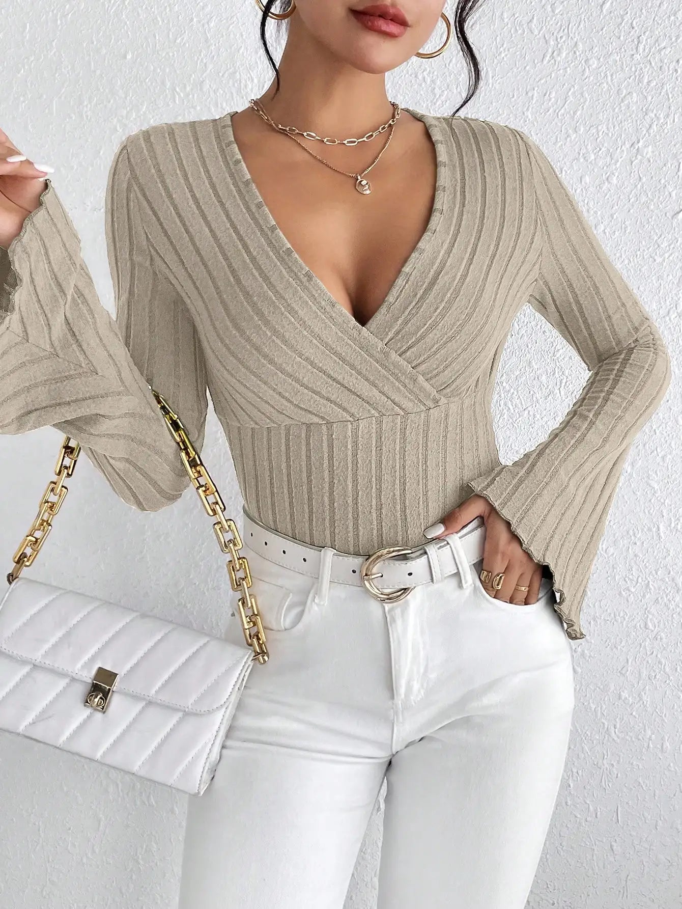 Slim Fit V-Neck Tee with Flared Cuffs