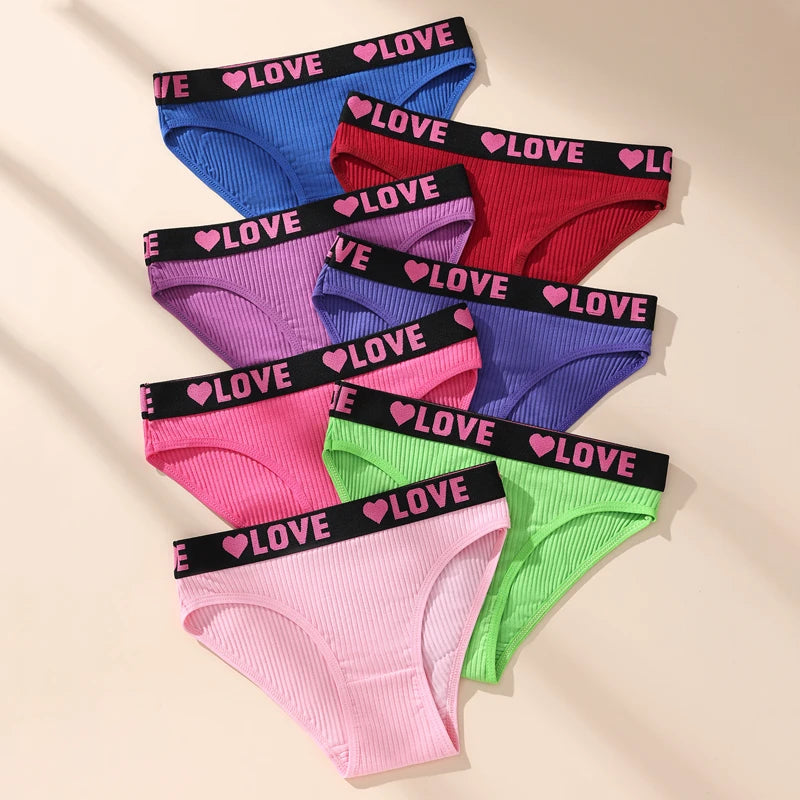 7PCS Women's Cotton Low-Rise Briefs – Soft Stretch, ribbed, Love Print Panties