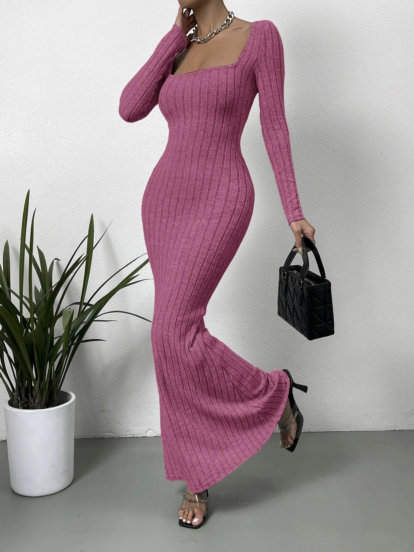 Square Neck Bodycon Maxi Dress – Slim Fit Sheath Style for All Seasons