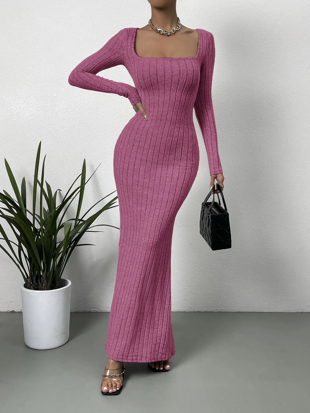 Square Neck Bodycon Maxi Dress – Slim Fit Sheath Style for All Seasons