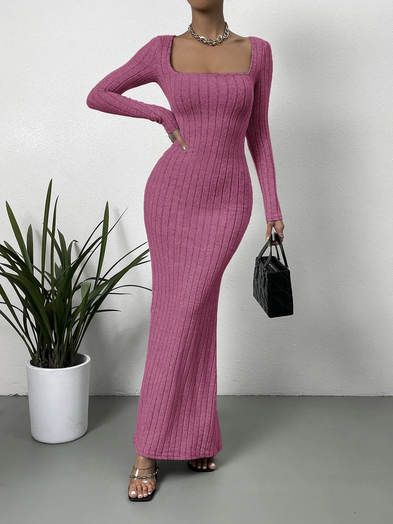 Square Neck Bodycon Maxi Dress – Slim Fit Sheath Style for All Seasons