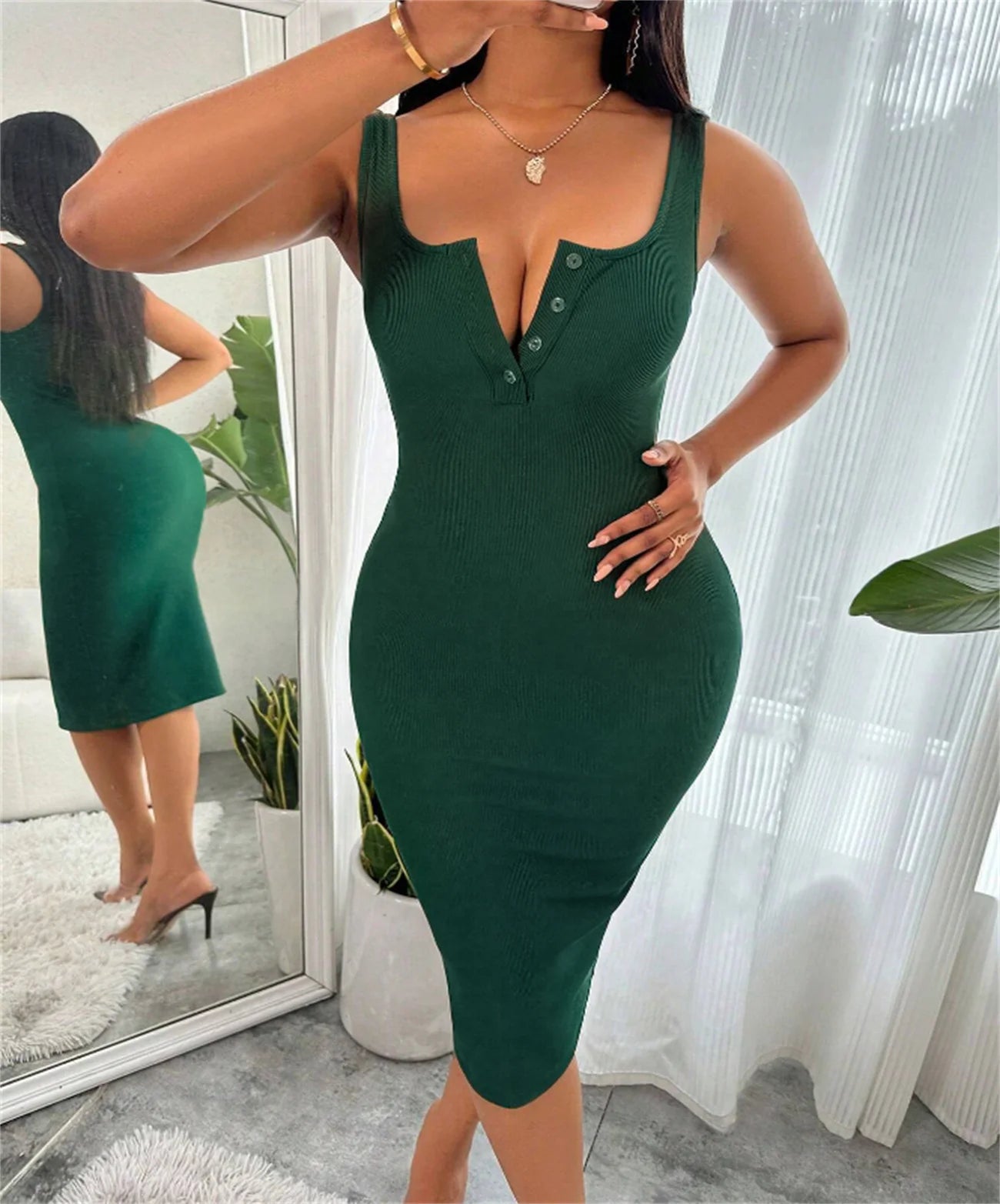 Button-Front Knit Camisole Dress – Slim Fit Pencil Silhouette, Mid-Calf Length