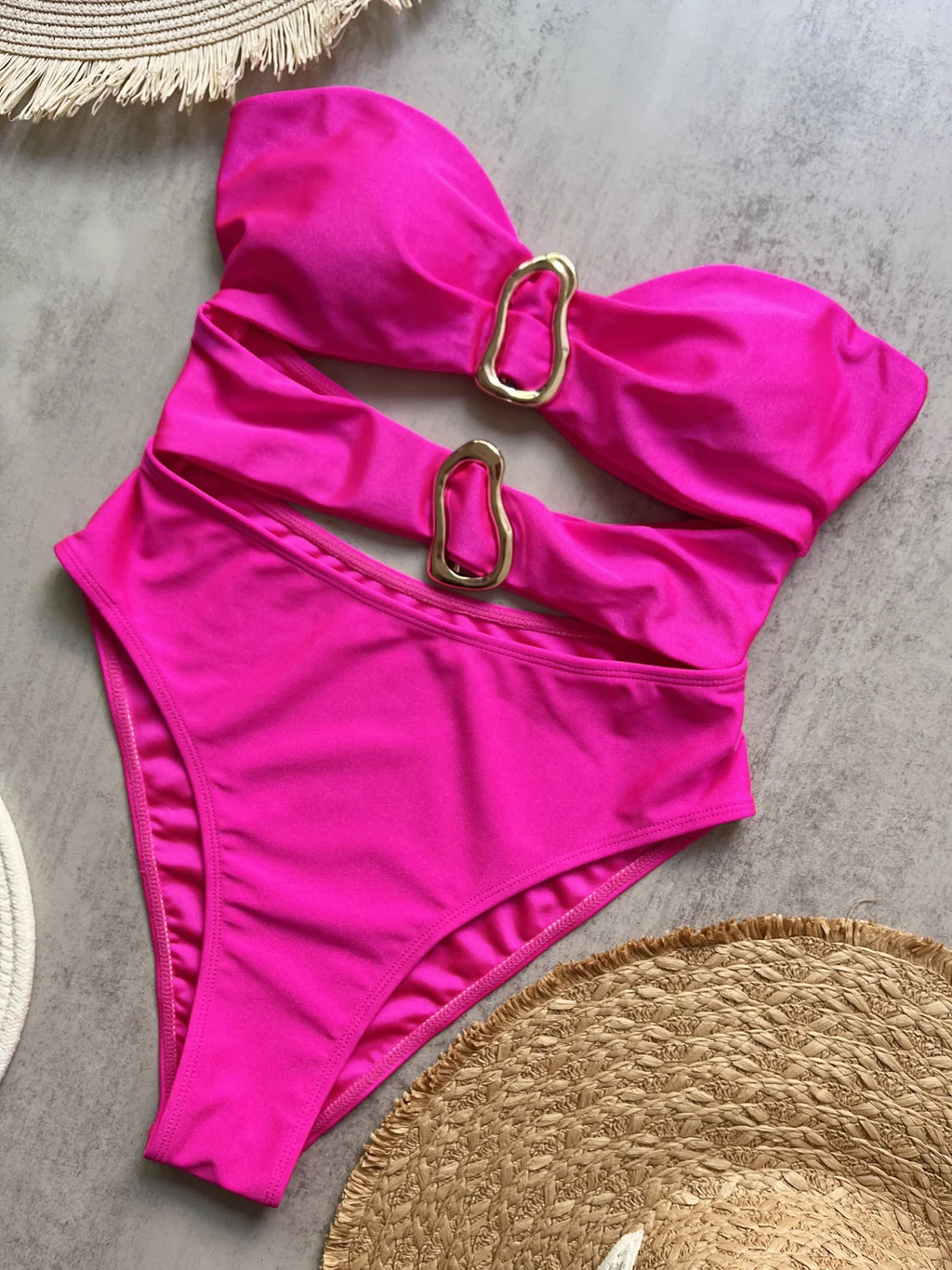 Bandeau One-Piece Swimsuit – Adjustable Strap, Solid Monochrome
