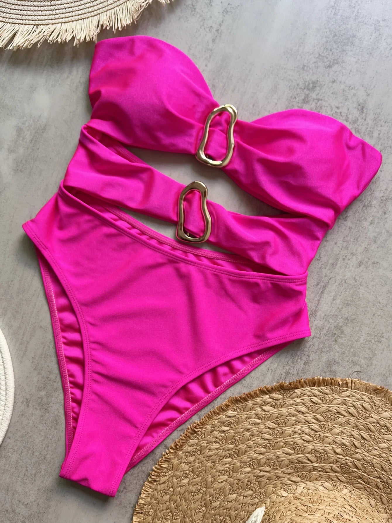 Bandeau One-Piece Swimsuit – Adjustable Strap, Solid Monochrome
