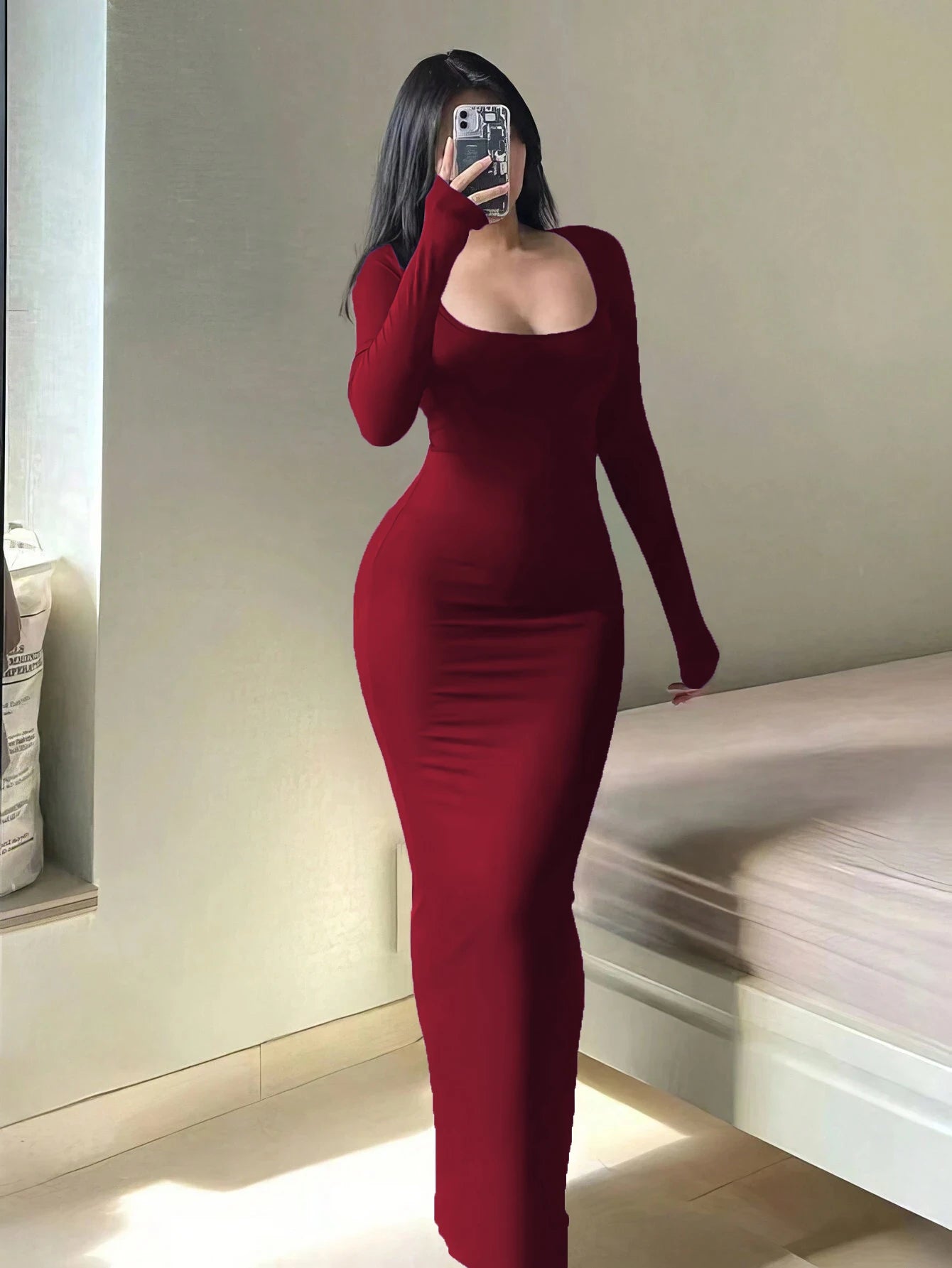 Chic Basic Minimalist Scoop Neck Long Dress - Ankle-Length Knit