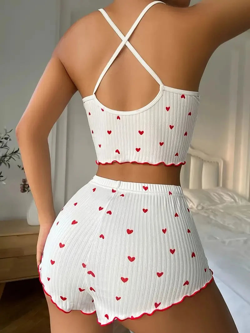 Women’s Heart-Print Ribbed Pajama Set — Cami & Shorts