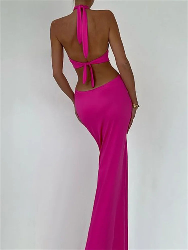 Sleeveless Bandage Sheath Dress – Halter Neck, Ankle-Length