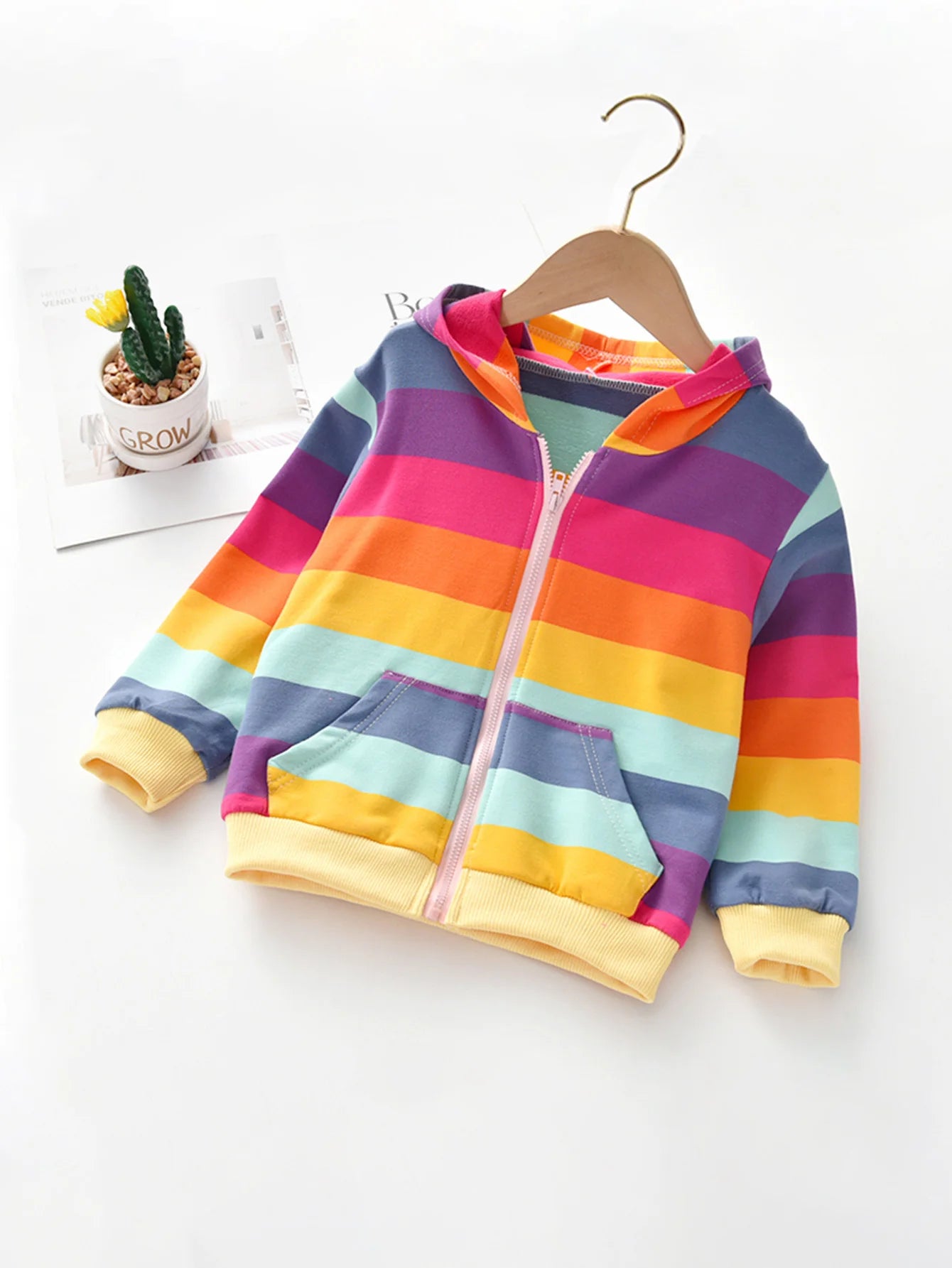 Spring and Autumn Girls' Rainbow Hooded Jacket