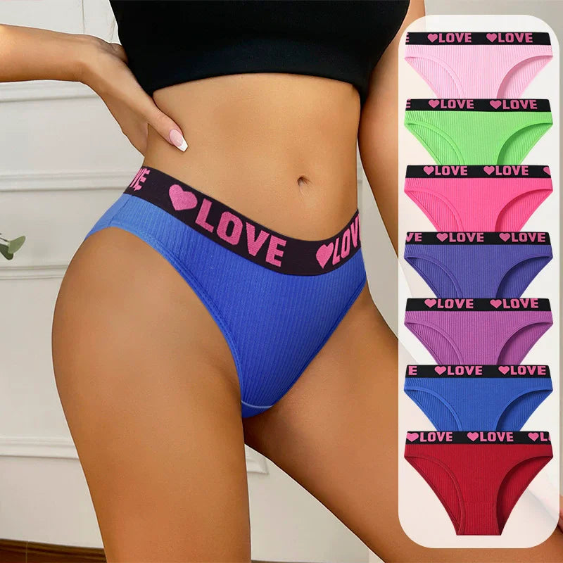 7PCS Women's Cotton Low-Rise Briefs – Soft Stretch, ribbed, Love Print Panties
