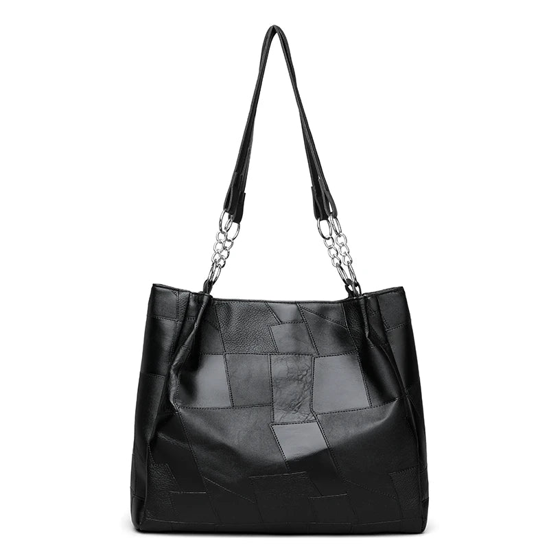 Classic Patchwork PU Leather Tote with Chain Detail – Business Handbag