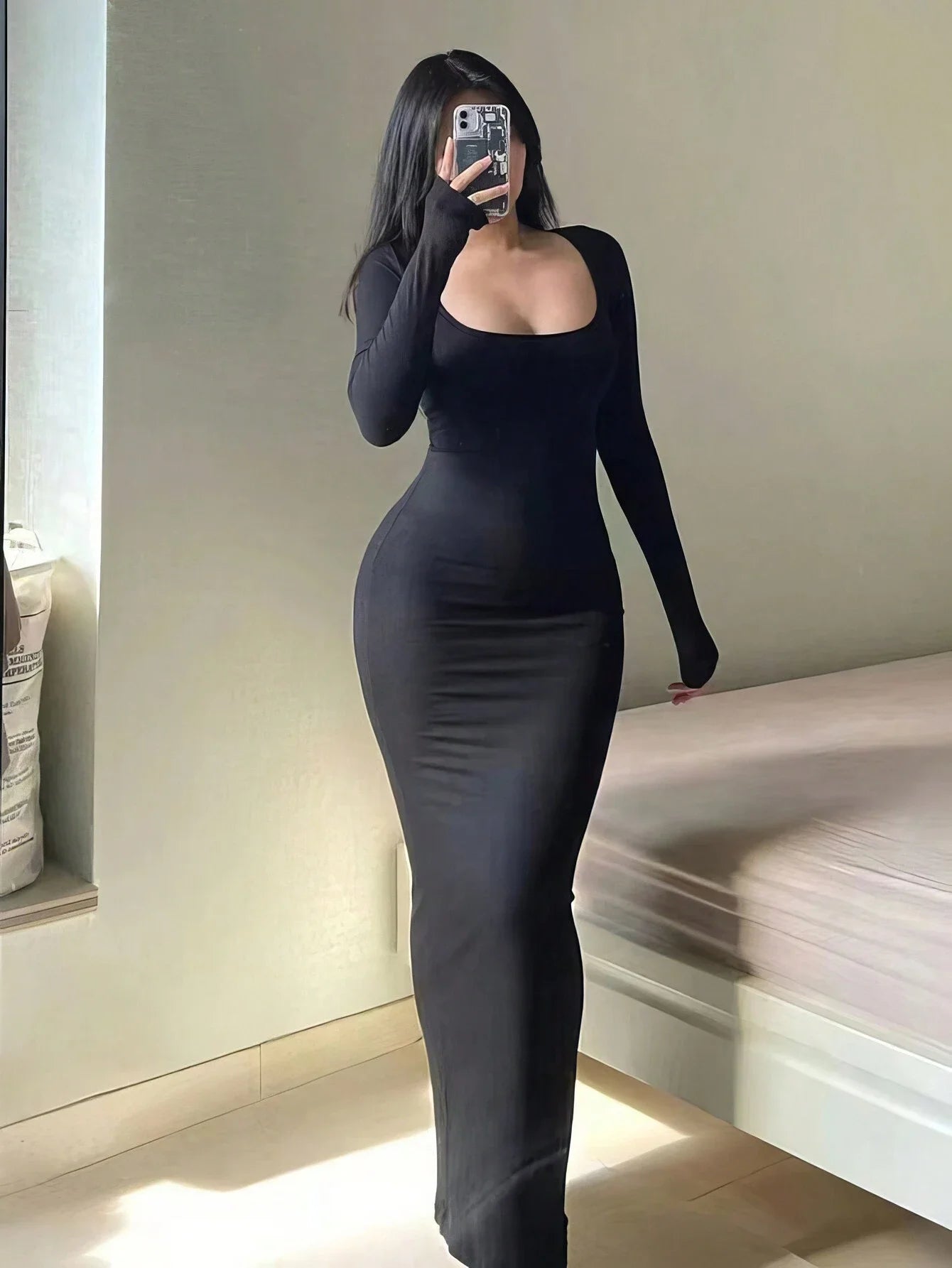 Chic Basic Minimalist Scoop Neck Long Dress - Ankle-Length Knit
