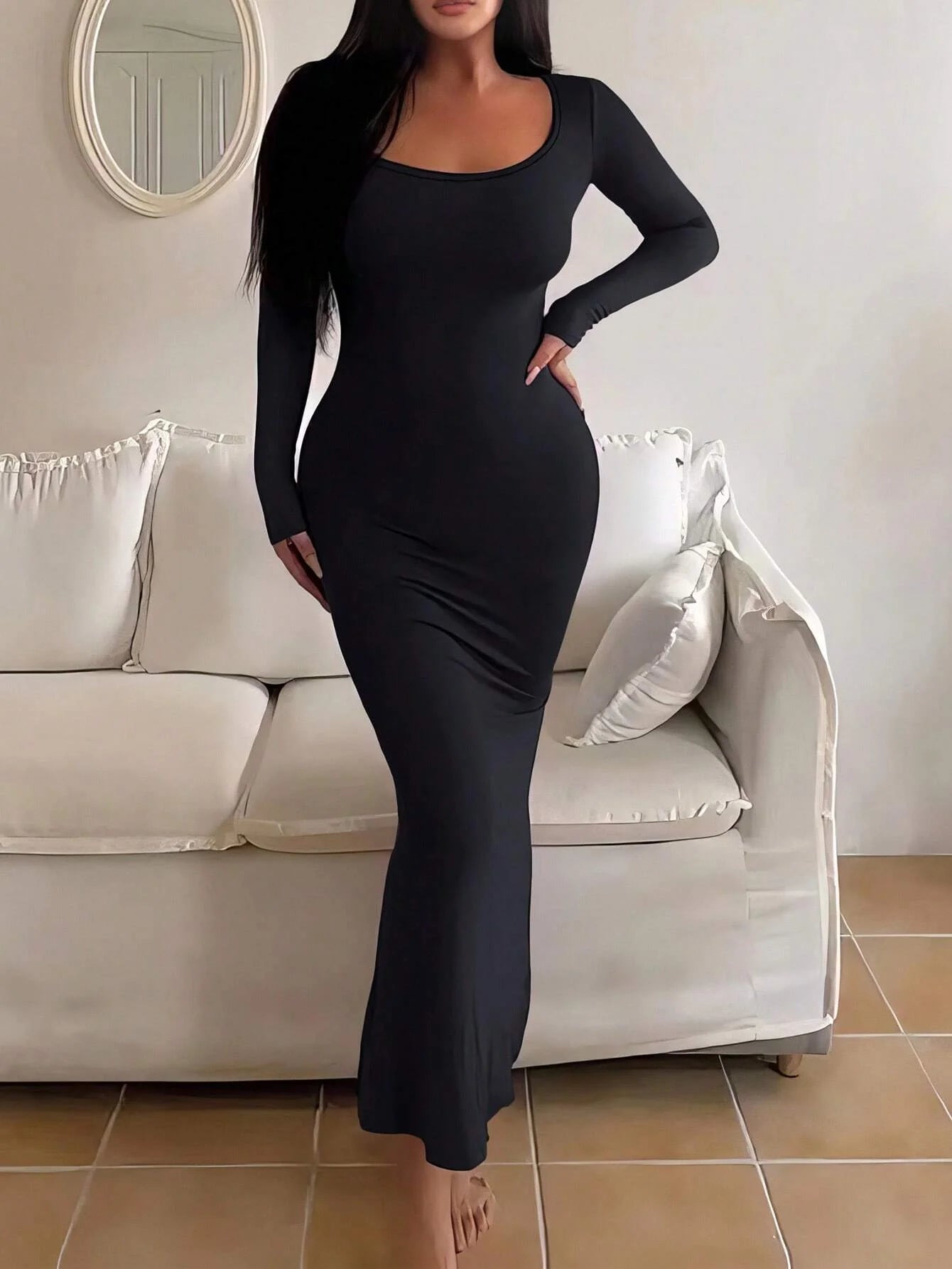 Chic Basic Minimalist Scoop Neck Long Dress - Ankle-Length Knit