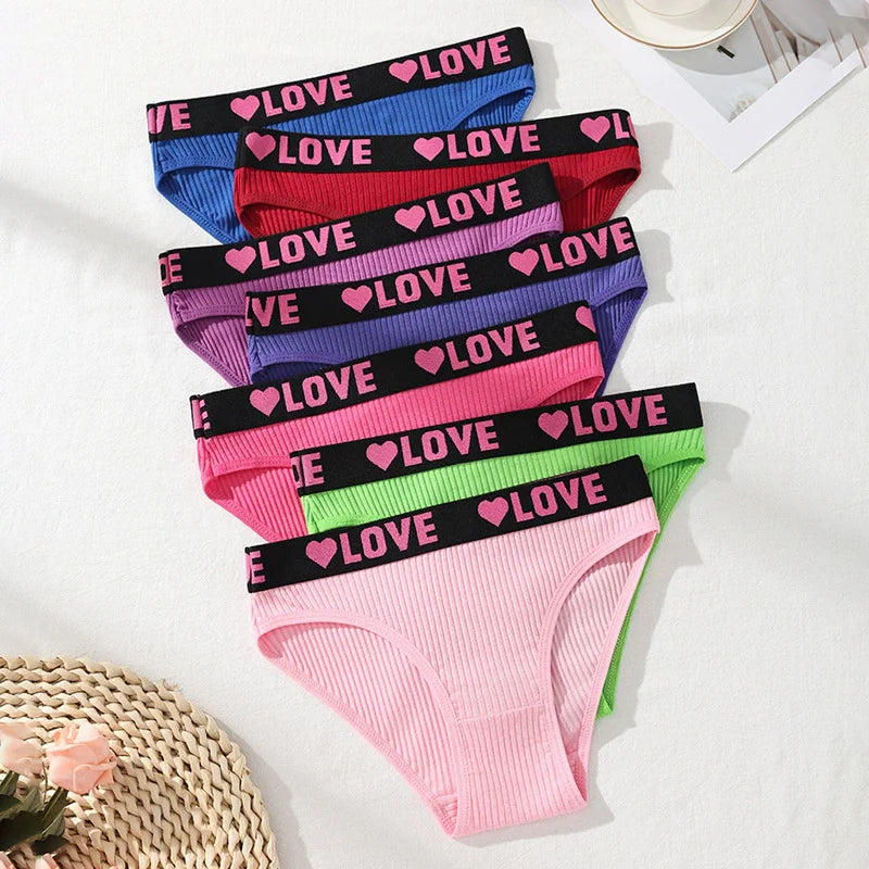 7PCS Women's Cotton Low-Rise Briefs – Soft Stretch, ribbed, Love Print Panties