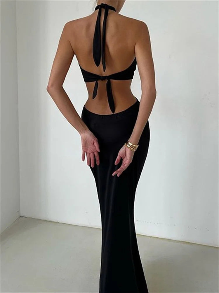 Sleeveless Bandage Sheath Dress – Halter Neck, Ankle-Length