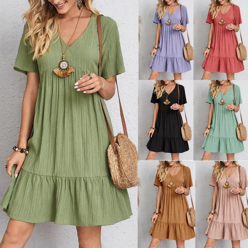 Boho Chic V-Neck Mini Dress – A-Line Silhouette for Spring & Summer