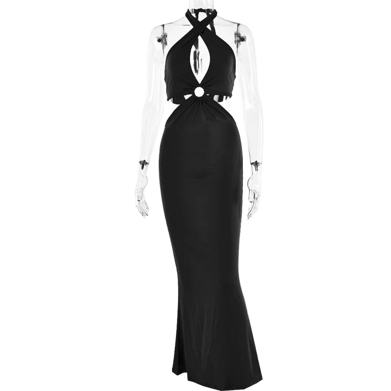 Sleeveless Bandage Sheath Dress – Halter Neck, Ankle-Length