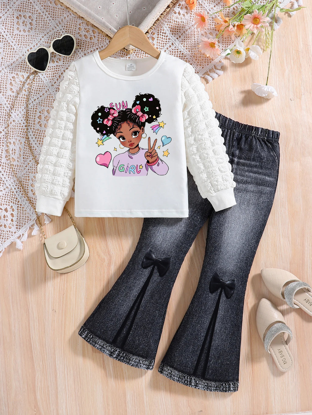 Spring and Autumn Girls' Cartoon Printed Long Sleeve Set
