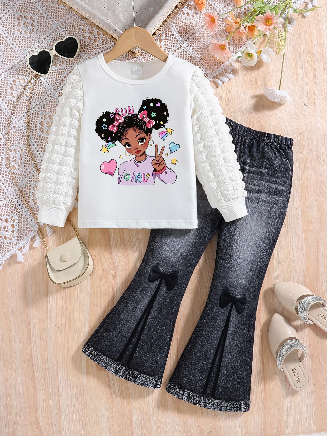 Spring and Autumn Girls' Cartoon Printed Long Sleeve Set